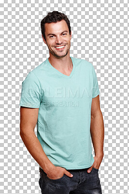 Buy stock photo Portrait, smile or PNG with a man isolated on a transparent standing hands in pockets for fashion. Handsome, happy and cool with an attractive young male model posing for trendy or contemporary style