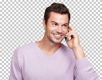 Buy stock photo Man, phone call and smile for communication and connection with a contact online.Happy male model with smartphone for conversation, talking or friendly chat isolated on a transparent, png background