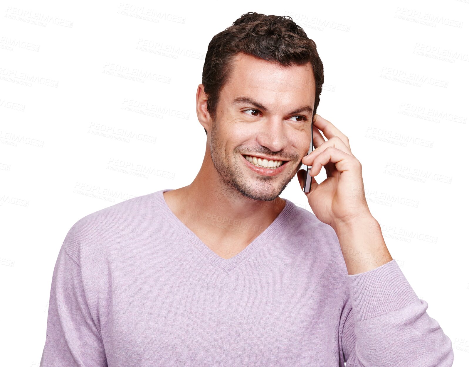 Buy stock photo Man, phone call and smile for communication and connection with a contact online.Happy male model with smartphone for conversation, talking or friendly chat isolated on a transparent, png background