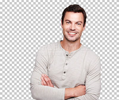 Buy stock photo Arms crossed, portrait and man isolated on transparent, png background for leadership, mindset and happiness. Happy face of a proud, young person or model with confidence and casual or cool style