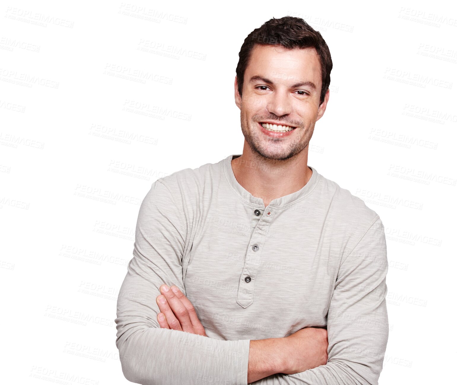 Buy stock photo Arms crossed, portrait and man isolated on transparent, png background for leadership, mindset and happiness. Happy face of a proud, young person or model with confidence and casual or cool style