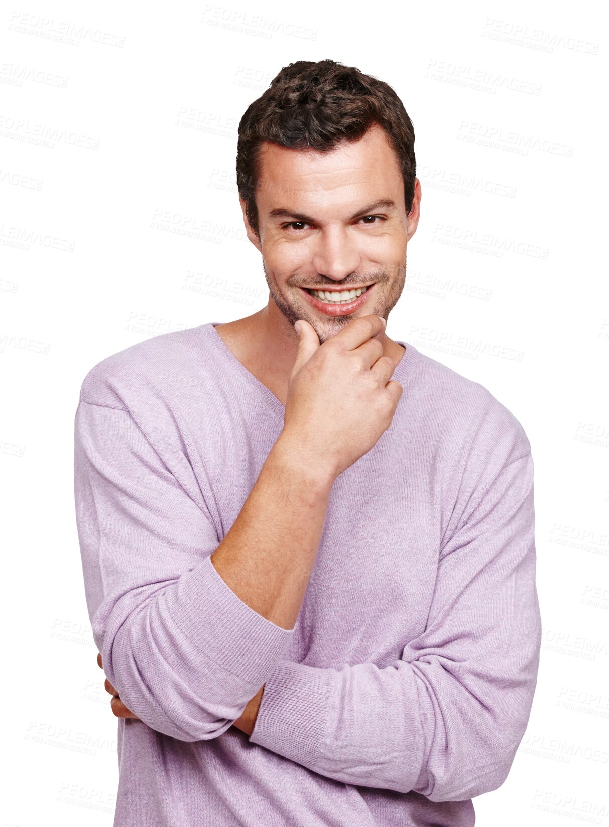 Buy stock photo Fashion, happy and portrait of man with smile on png, isolated and transparent background. Happiness, confident and male model for attitude, smirk and pride in trendy clothes, casual outfit and style