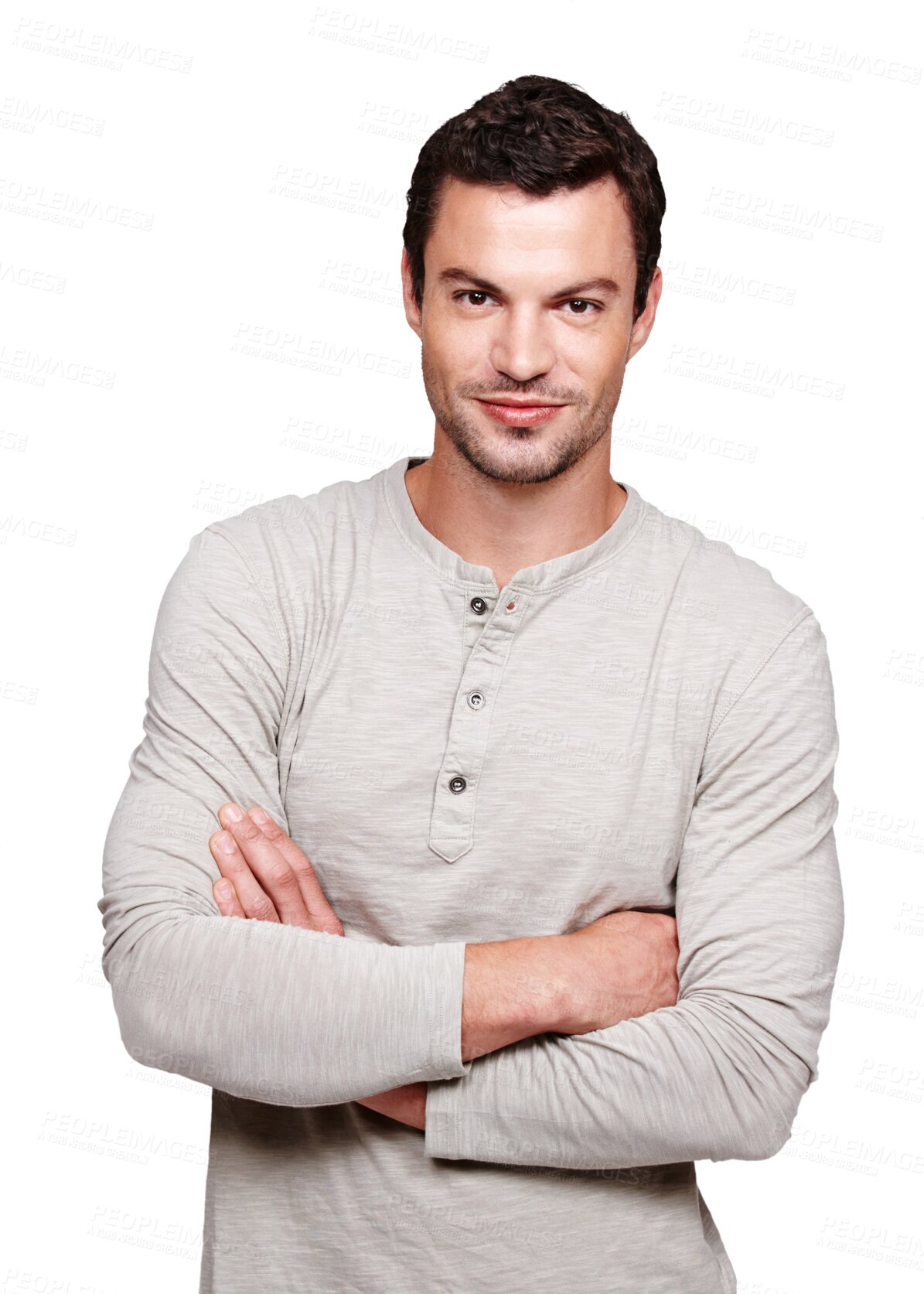 Buy stock photo Confidence, fashion and portrait of man with crossed arms with casual, trendy and stylish outfit. Handsome, young and male model with style and confident pose isolated by transparent png background