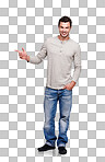 A Portrait, pointing and mockup with a man model  for branding. Point, marketing and advertising with a handsome male standing on blank porduct placement space isolated on a png background