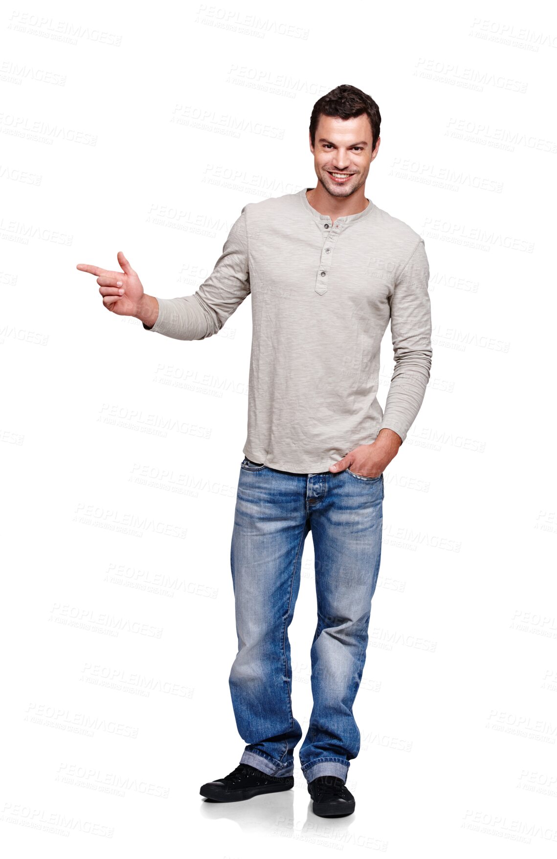 Buy stock photo Advertising, mockup and portrait of a man pointing to branding isolated in a png or transparent background. Finger, hand and male model showing gesture with a smile and happy doing point sign