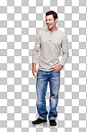 A Fashion, style and man with smile standing in trendy, stylish and modern clothes. Happy, confidence and male fashion model isolated in studio with casual, retro and urban outfit isolated on a png background