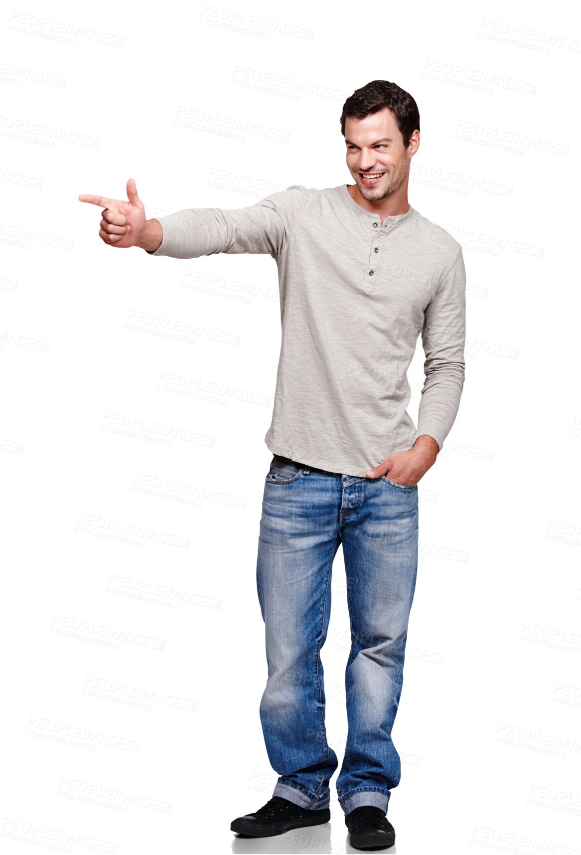 Buy stock photo Isolated, model or happy man with hand gun pointing for greeting or showing direction with a cool smile.
Confident, happiness or fashionable handsome person standing on transparent png background 