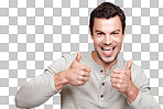 A Portrait, thumbs up and winner with a man showing an emoji for motivation. Thank you, goal or target with a positive man giving a hand sign of support isolated on a png background