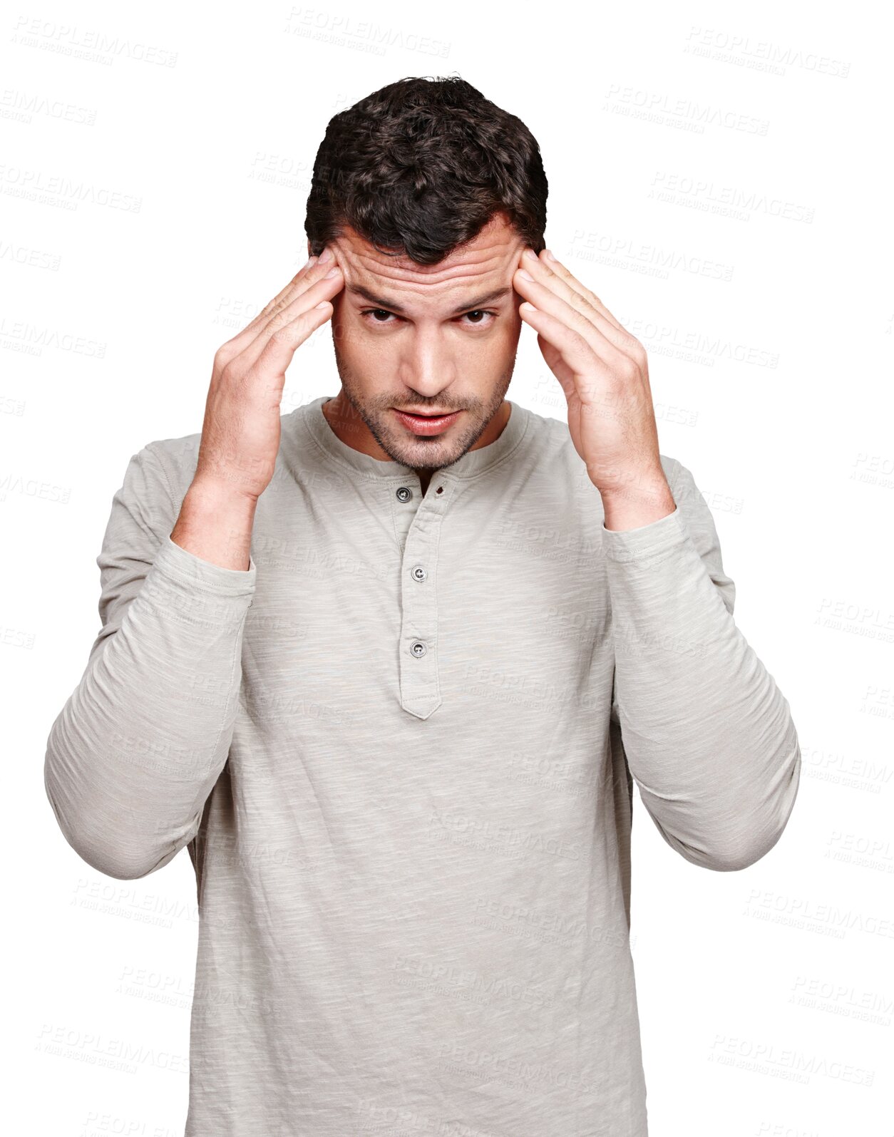 Buy stock photo Headache, migraine pain and portrait of man isolated on transparent png background in stress, burnout or mental health. Brain fog, anxiety or confused person massage head for mind problem or fatigue