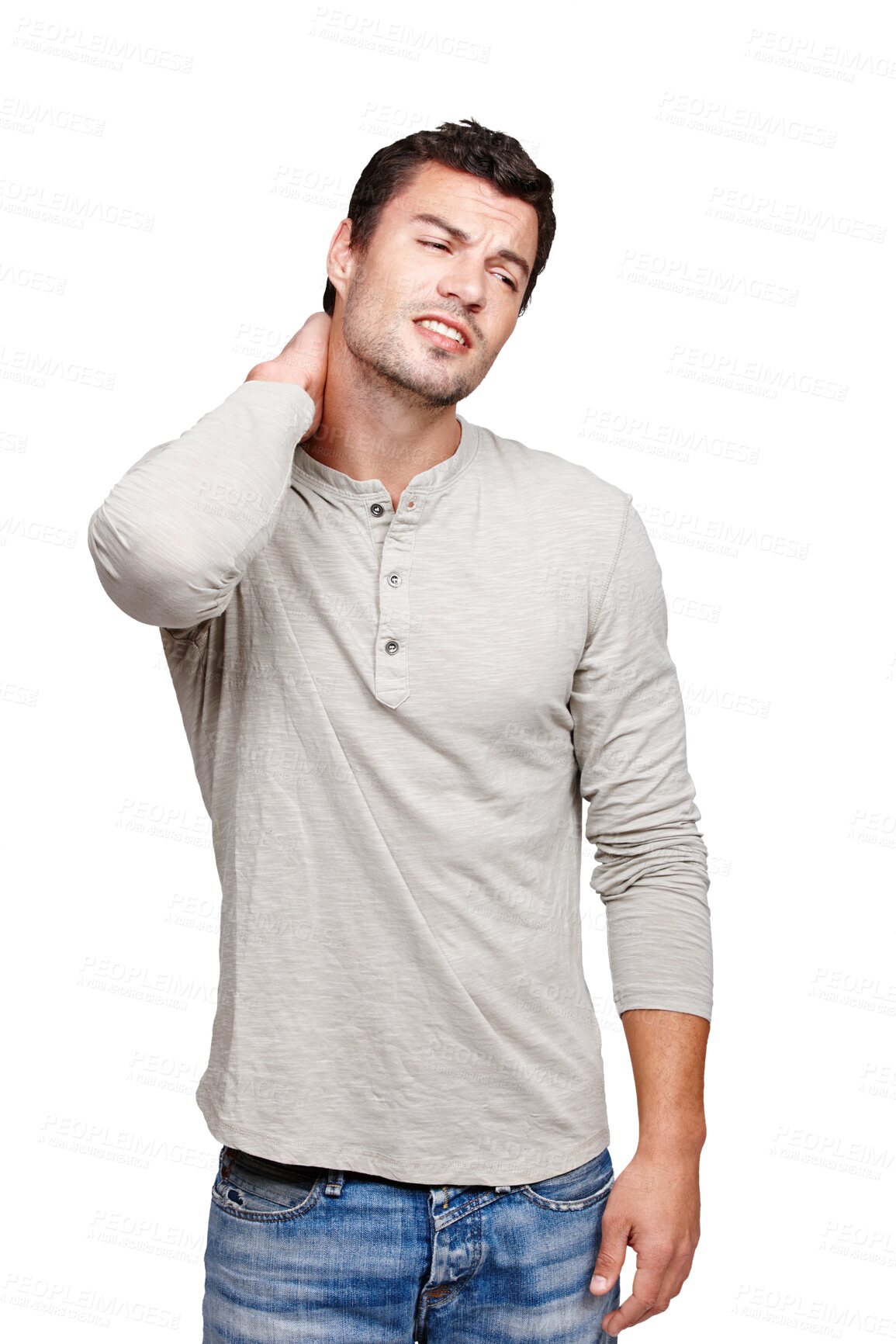 Buy stock photo Stress, healthcare and man with a neck pain, injury or accident with medical emergency. Fatigue, tired and male model with a hurt shoulder and muscle sprain isolated by a transparent png background.