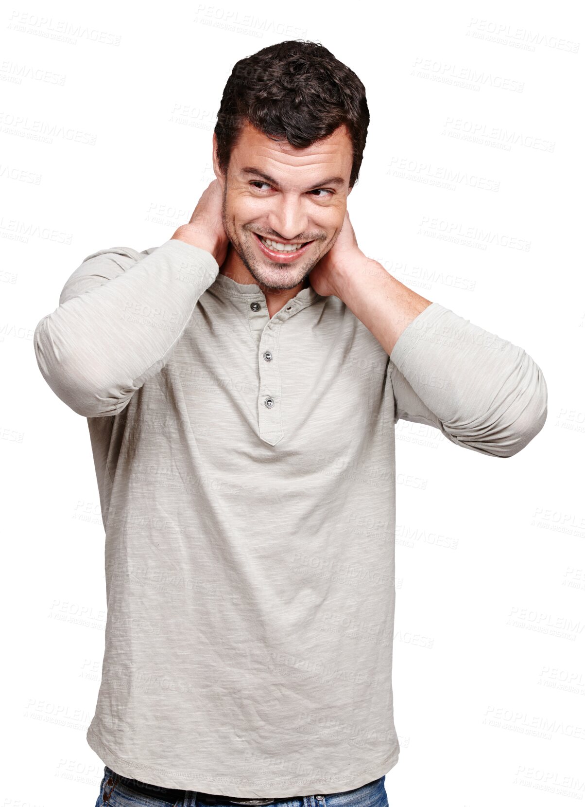 Buy stock photo Happy, casual and shy man isolated on a transparent, png background with cool, trendy and young fashion style. Smile of a young and handsome model or embarrassed person touching the back of his head 