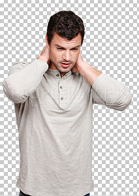 Buy stock photo Stress, patient and male person with a neck pain, injury or spine accident with muscle crisis. Fatigue, tired and man model with a hurt shoulder and sprain isolated by transparent png background.