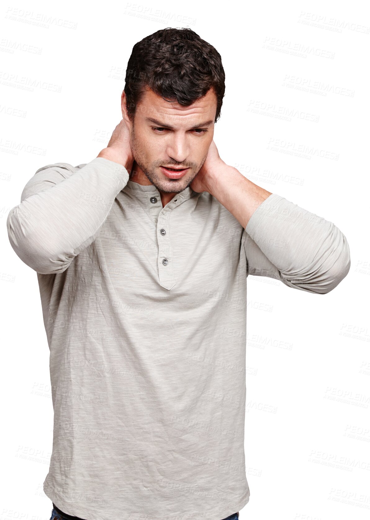 Buy stock photo Stress, patient and male person with a neck pain, injury or spine accident with muscle crisis. Fatigue, tired and man model with a hurt shoulder and sprain isolated by transparent png background.