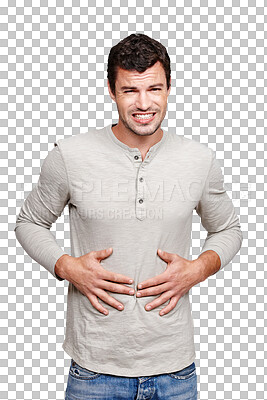 Buy stock photo Hungry, stomach pain and portrait of a man feeling sick, hurt or discomfort isolated in a transparent png background. Problem, belly and male person with a stomachache, abdominal issue or painful ibs