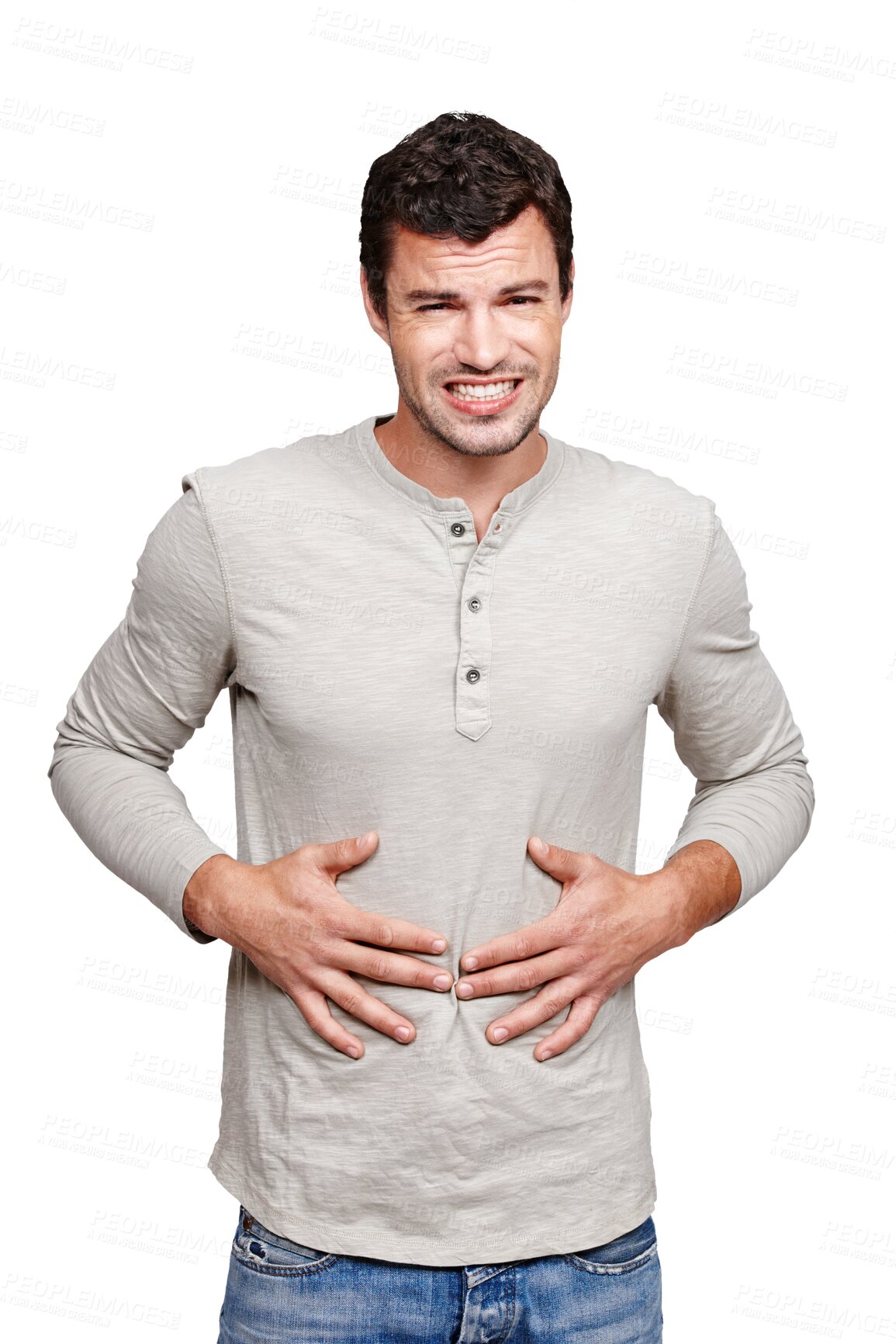 Buy stock photo Hungry, stomach pain and portrait of a man feeling sick, hurt or discomfort isolated in a transparent png background. Problem, belly and male person with a stomachache, abdominal issue or painful ibs