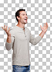 A Happy, smile and man with hands, palms and winning hand gesture in the air. Isolated, model and excited winner sign of a person with open hands looking up and standing vertical isolated on a png background