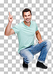 A Portrait, mock up and pointing with a man for marketing or advertising. Product, branding and mockup with a handsome male posing to promote a brand isolated on a png background