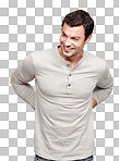 Thinking, happy and smile with a man for branding or product placement. Idea, brand and logo with a handsome male posing on blank marketing space isolated on a png background