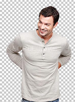 Buy stock photo Thinking, style and smile of a casual man feeling excited with an Idea posing isolated in a png or transparent background. Handsome, fashion and calm male person or young model relax and happiness