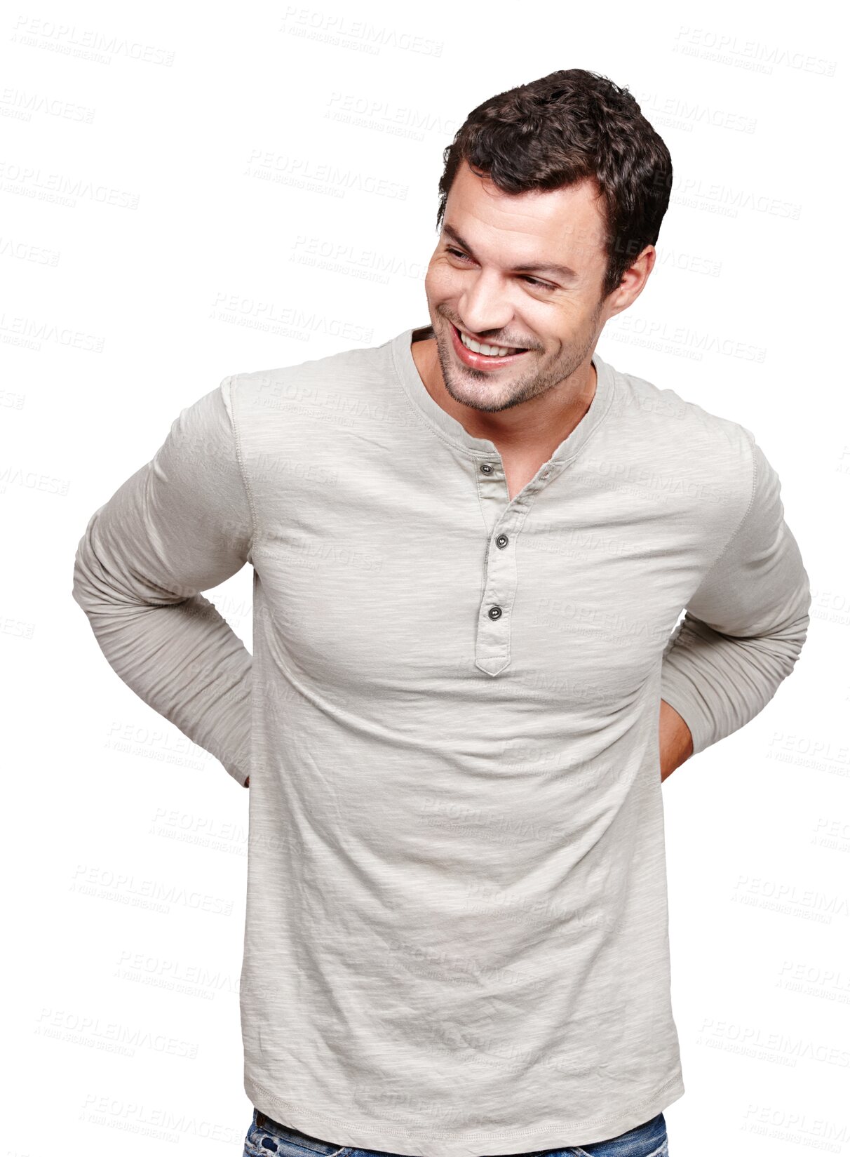 Buy stock photo Thinking, style and smile of a casual man feeling excited with an Idea posing isolated in a png or transparent background. Handsome, fashion and calm male person or young model relax and happiness