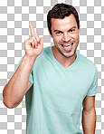 A Fashion, pointing finger and portrait of man for marketing, advertising and mockup. Branding, hand gesture and male model for message, announcement and text in isolated on a png background