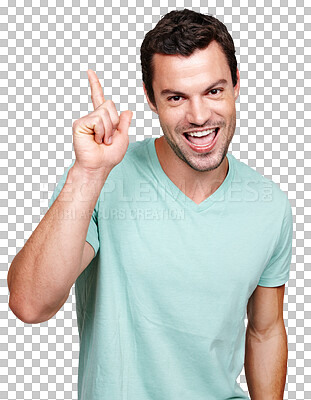 Buy stock photo Promo, happy and portrait of man pointing at mockup with hand gesture isolated in a transparent png background. Smile, announcement and male person from France with finger sign showing promotion