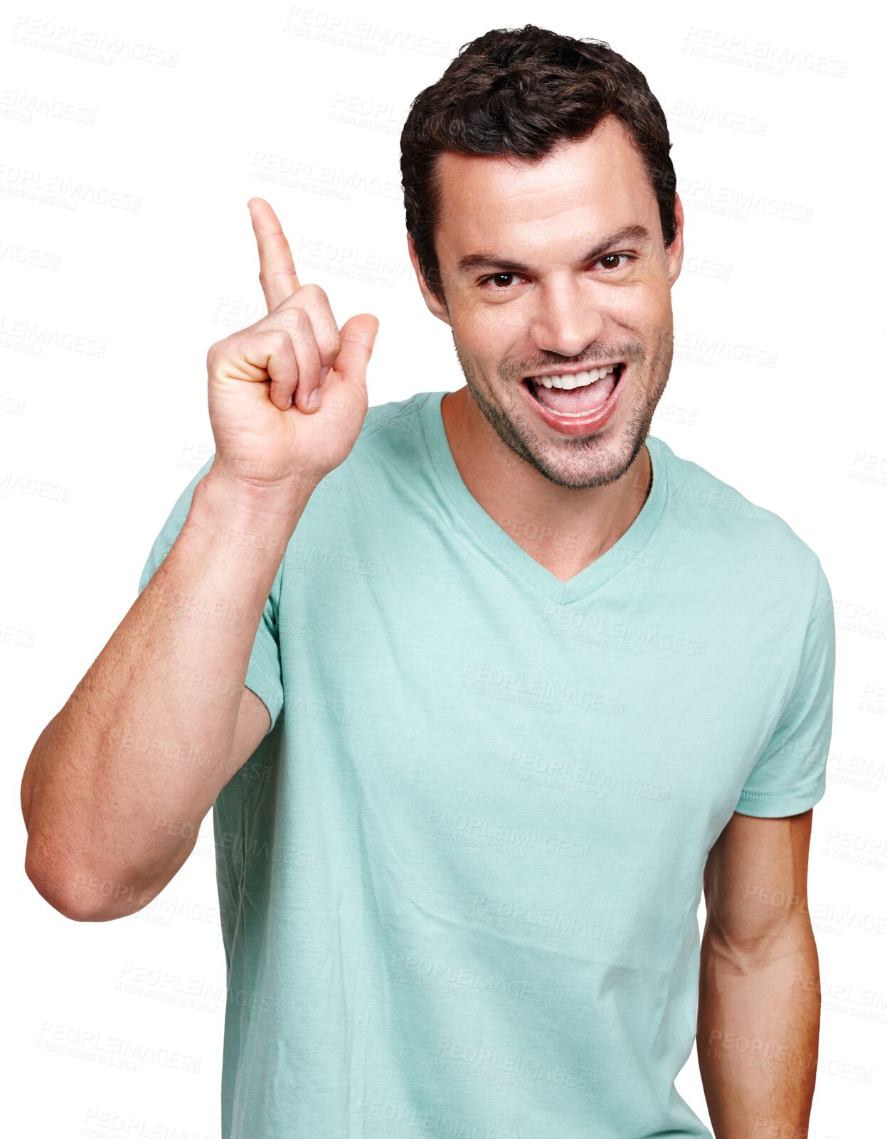 Buy stock photo Promo, happy and portrait of man pointing at mockup with hand gesture isolated in a transparent png background. Smile, announcement and male person from France with finger sign showing promotion