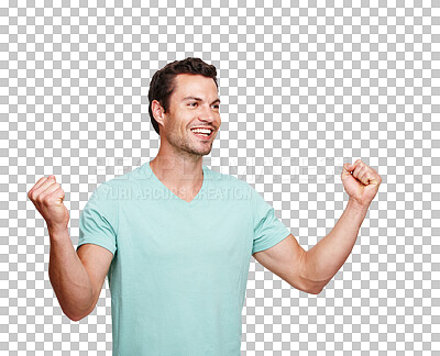 Buy stock photo Fist pump, success and winning man isolated on transparent, png background for goals, celebration and cheers. Celebrate, achievement and winner or happy person with yes for bonus, news and power