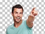 A Excited, solution and man pointing hand in direction with happy, curious and choice expression. Idea of caucasian model thinking and focused with smile for decision at isolated on a png background