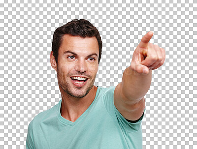 Buy stock photo Happy, smile or man pointing finger to show, signal or direct with a wow or surprised face expression. Happiness, positive or male model with point hand gesture isolated on transparent png background