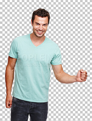 Buy stock photo Man, portrait and celebrate with fist, smile or happiness for winner with hand sign by transparent png background. Isolated male model, young or happy for win, yes or excited for goal, profit or news