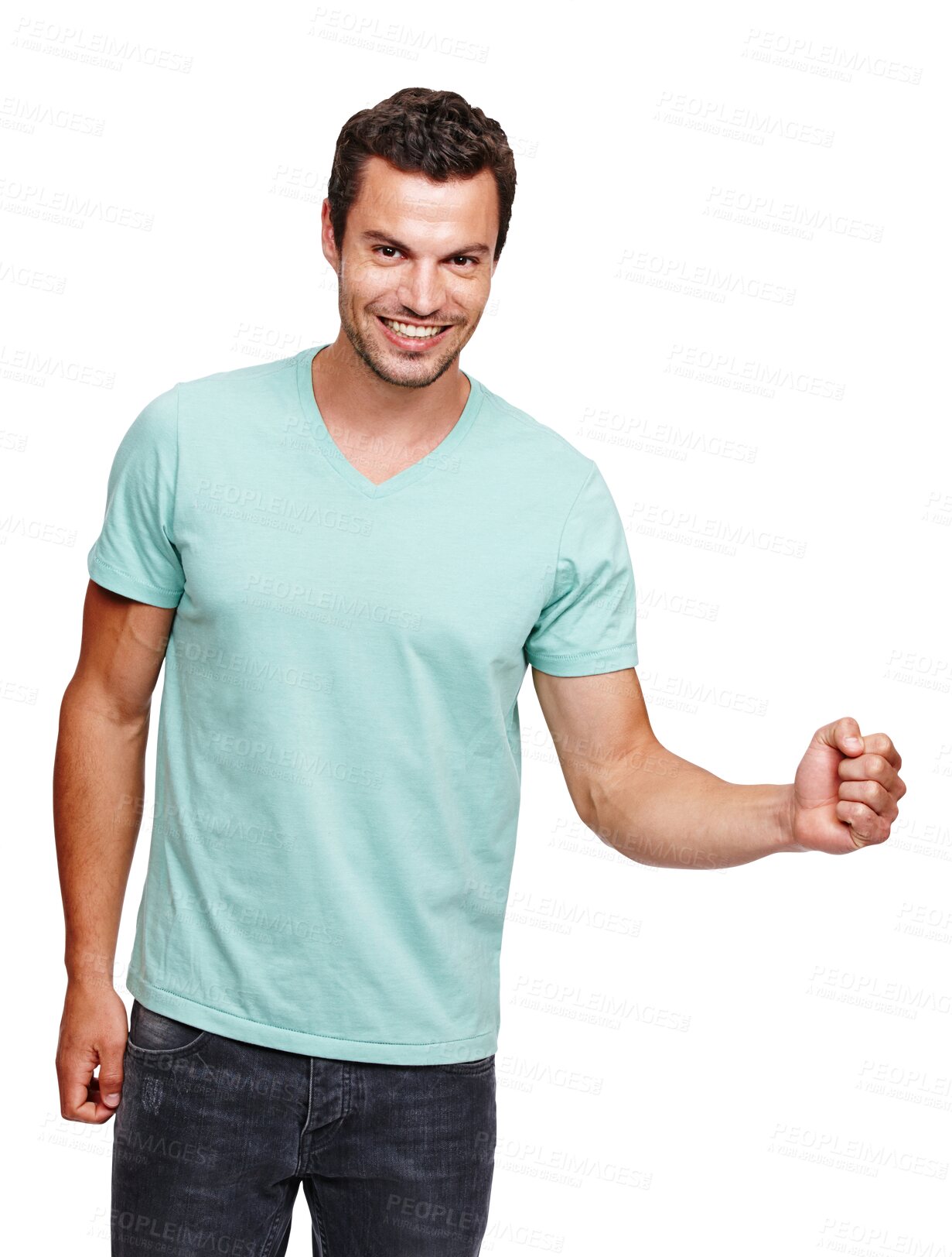 Buy stock photo Man, portrait and celebrate with fist, smile or happiness for winner with hand sign by transparent png background. Isolated male model, young or happy for win, yes or excited for goal, profit or news