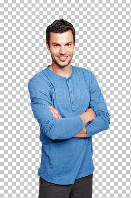 Buy stock photo Man with arms crossed, smile in portrait and model with positive mindset isolated on transparent, png background. Handsome in casual clothes, fashion and happy young male person pose with confidence