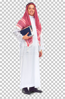 Buy stock photo Education, books and portrait of happy Muslim man on isolated, png and transparent background. University student, learning and male person with textbooks for knowledge, studying and college lesson