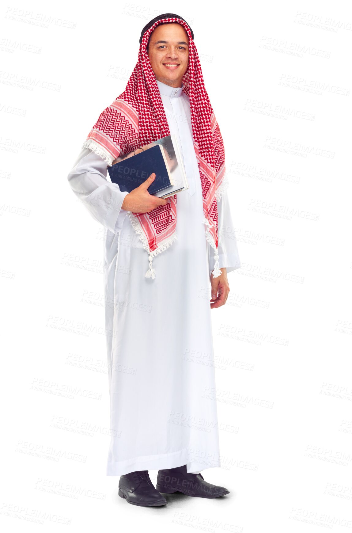 Buy stock photo Education, books and portrait of happy Muslim man on isolated, png and transparent background. University student, learning and male person with textbooks for knowledge, studying and college lesson