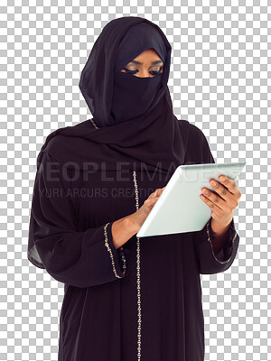 Woman, tablet and muslim typing with hijab for online islamic research against isolated on a png background. Female isolated standing holding touchscreen with scarf reading news on islam, arabic or culture