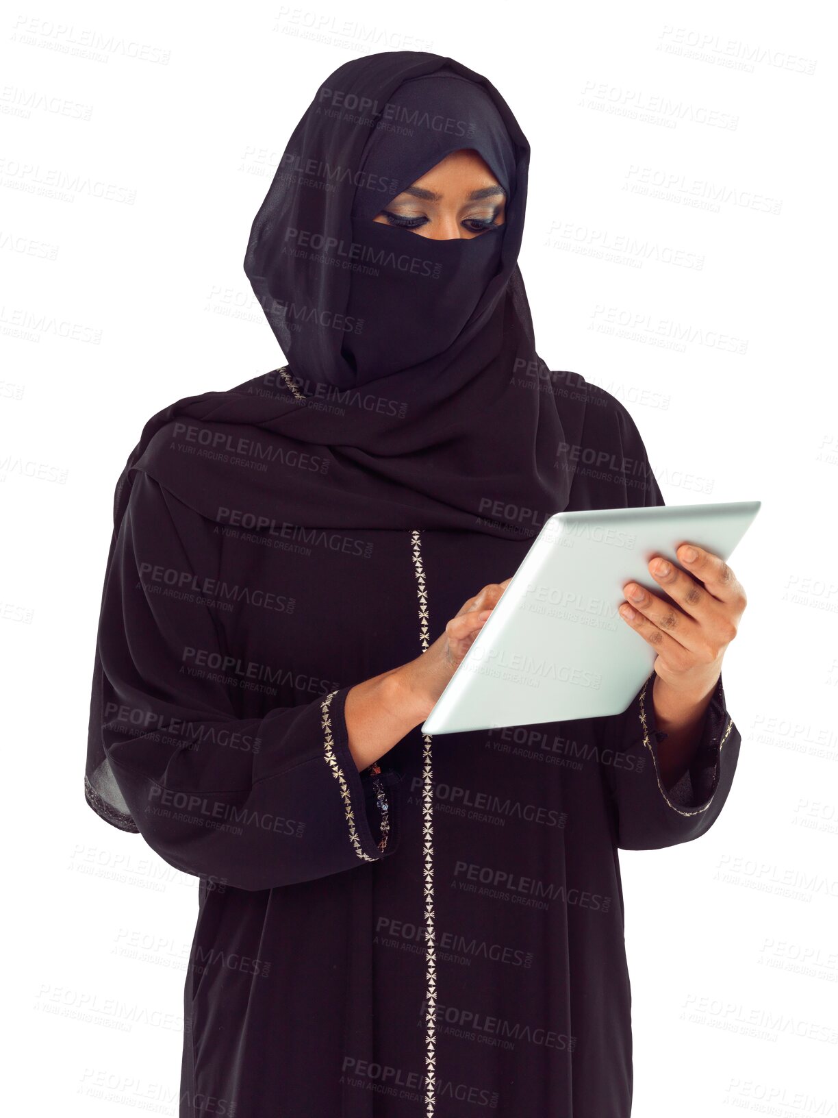 Buy stock photo Tablet, muslim and Arab woman isolated on transparent, png background for islamic research on internet or web. Moslem person in hijab and digital technology reading online news on culture or religion