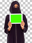 Muslim woman, tablet and green screen for marketing, advertising or mockup against a isolated on a png background. Portrait of woman in hijab holding touchscreen with green chromakey screen or display
