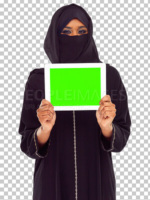 Buy stock photo Tablet, green screen and muslim woman isolated on transparent, png background for website mockup space. Portrait of Arab person in niqab with digital technology for online news or promo mock up