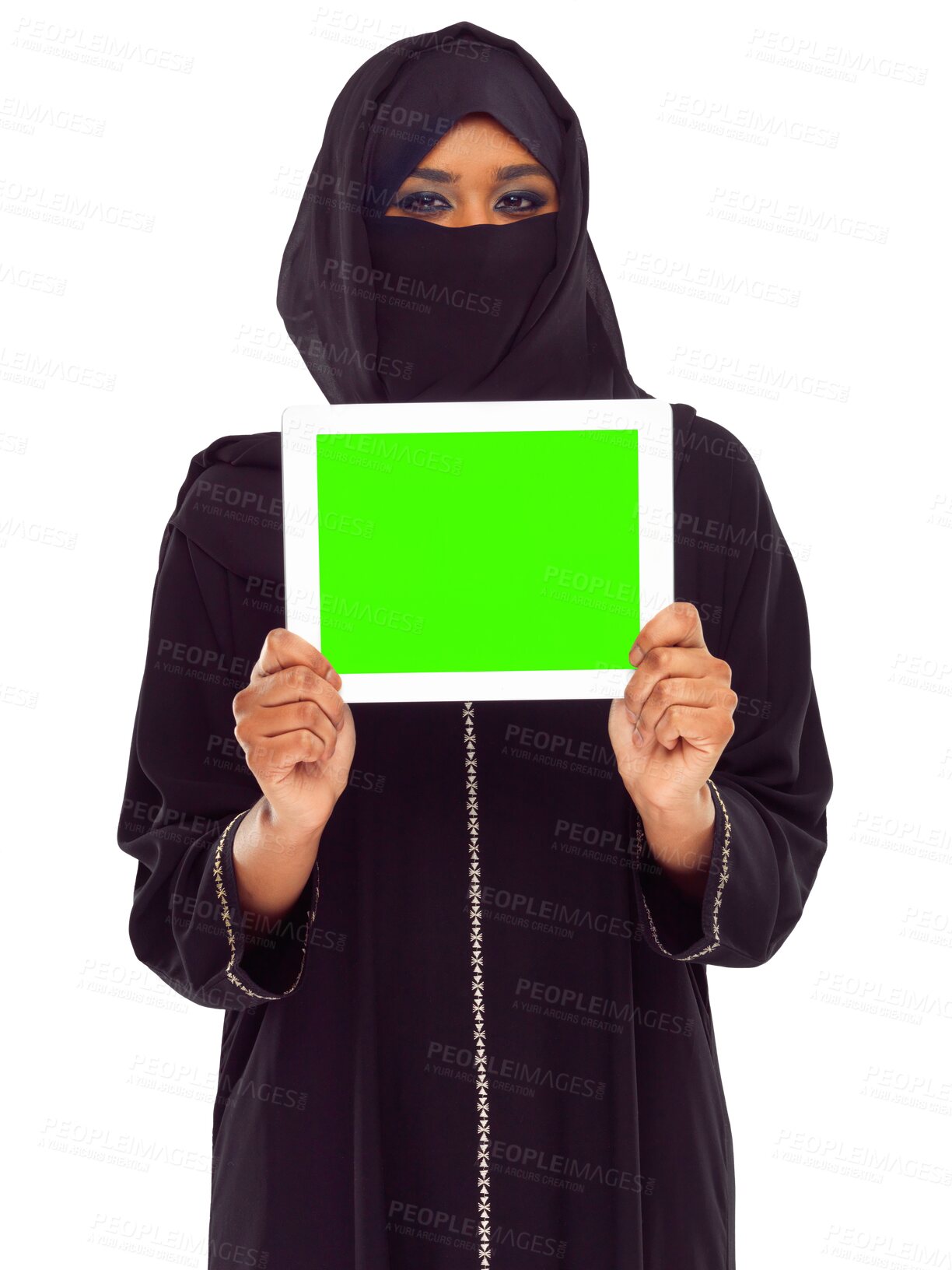 Buy stock photo Tablet, green screen and muslim woman isolated on transparent, png background for website mockup space. Portrait of Arab person in niqab with digital technology for online news or promo mock up