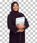 A Portrait, muslim and learning with a student woman holding books  for education. Islam, university and study with an islamic female at college to study on a scholarship isolated on a png background