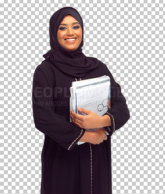 Buy stock photo Study, portrait and muslim woman isolated on transparent, png background for university, education and happy learning. Islamic or arabic student or person in hijab with books for research or studying