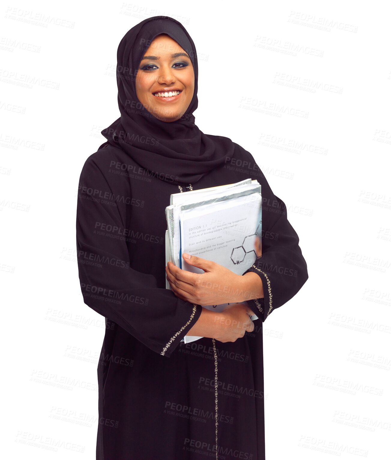 Buy stock photo Study, portrait and muslim woman isolated on transparent, png background for university, education and happy learning. Islamic or arabic student or person in hijab with books for research or studying