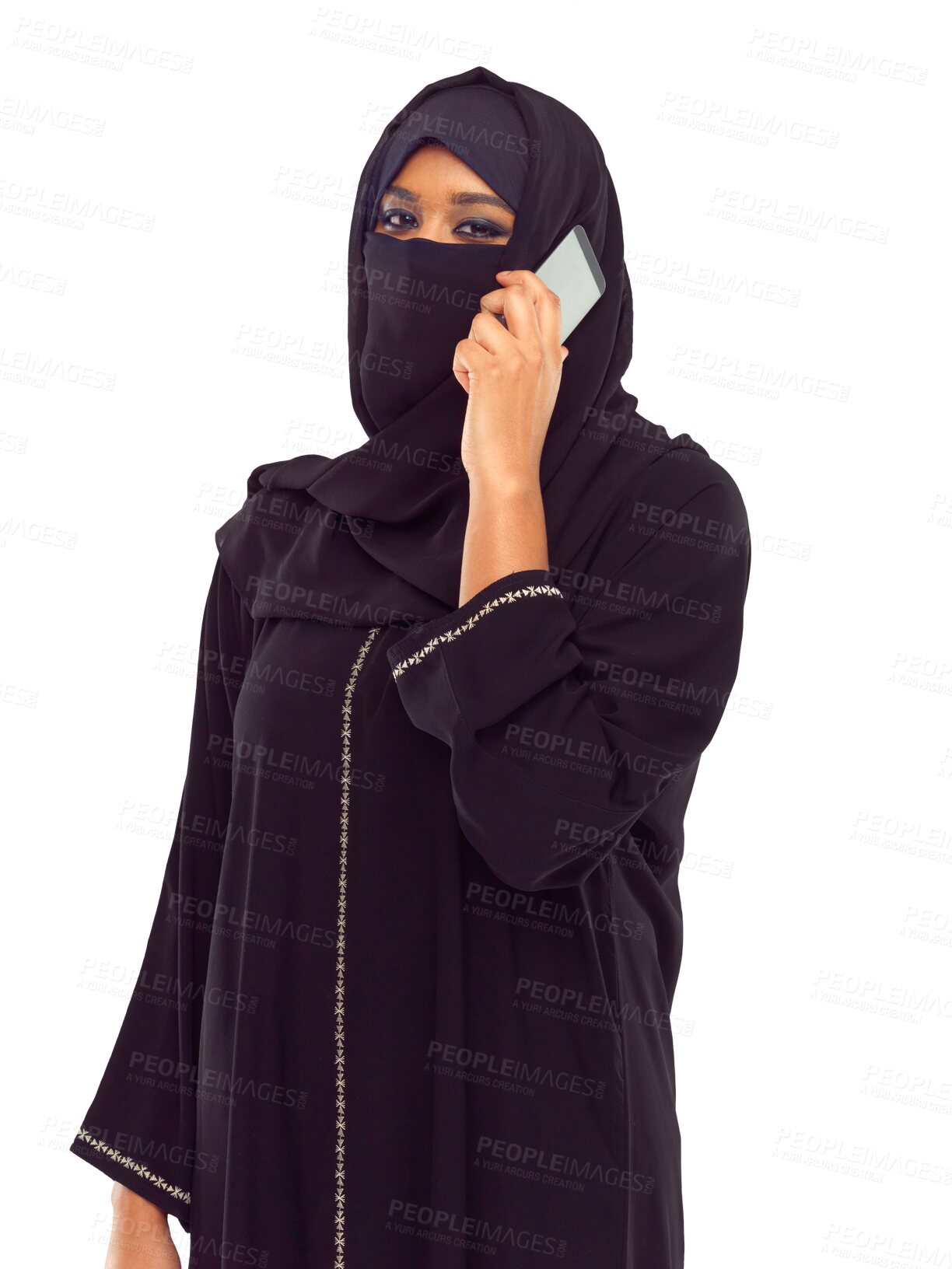 Buy stock photo Phone call, portrait and muslim woman isolated on transparent, png background, talking or listening to news. Arabic person in niqab or hijab communication, conversation or speaking to online contact