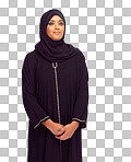 Beauty, muslim and woman with a traditional, religious and modern dress. Religion, hijab and islam female model in an islamic culture outfit and headscarf isolated on a png background