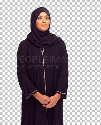 Buy stock photo Muslim, fashion and woman in traditional clothing against an isolated, transparent and png background. Islam, clothing and female person, culture and posing in hijab for eid, ramadan or islamic event