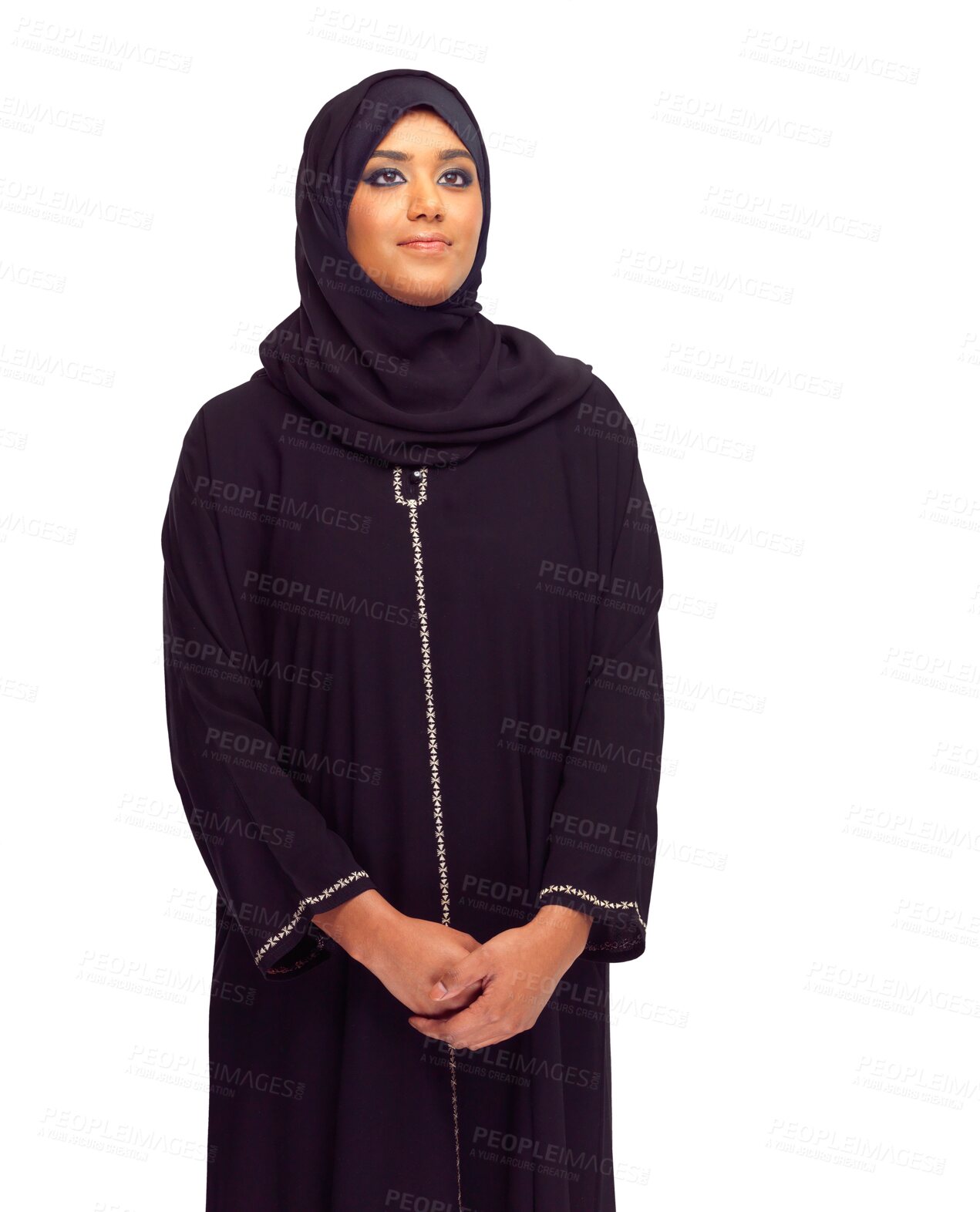 Buy stock photo Muslim, fashion and woman in traditional clothing against an isolated, transparent and png background. Islam, clothing and female person, culture and posing in hijab for eid, ramadan or islamic event