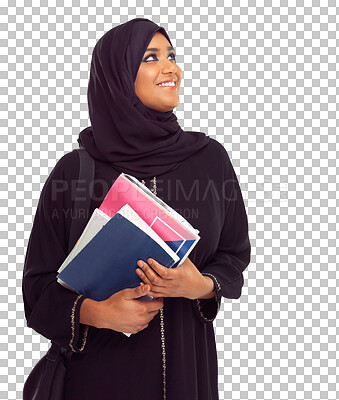 Buy stock photo Books, thinking and happy muslim woman isolated on transparent, png background for college, education and learning. Arabic student or islamic person in hijab with study opportunity or research ideas