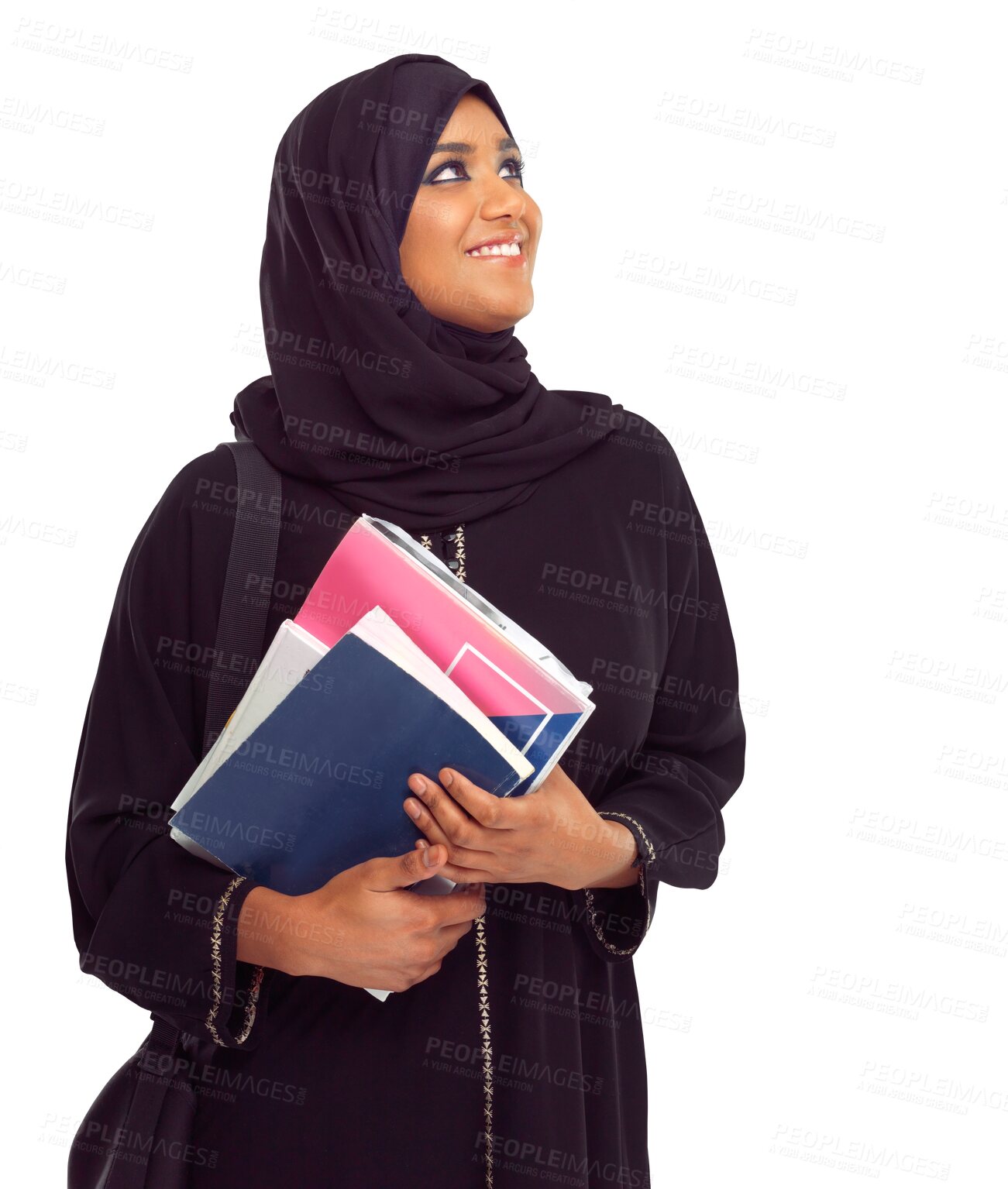 Buy stock photo Books, thinking and happy muslim woman isolated on transparent, png background for college, education and learning. Arabic student or islamic person in hijab with study opportunity or research ideas