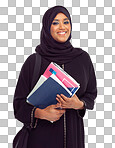 Portrait, muslim and books with a student woman in studio isolated on a png background for learning or education. Islam, university and study with an islamic female at college to study on a scholarship